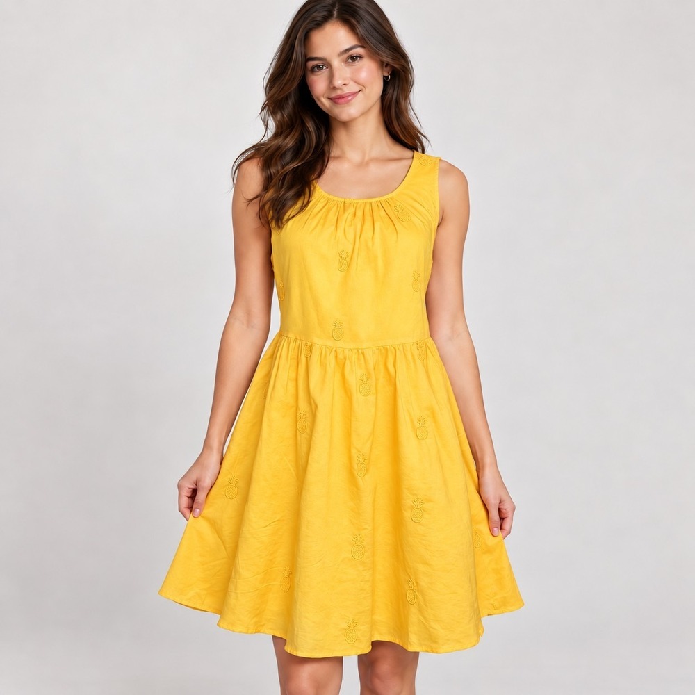 J. Crew Womens Embroidered Pineapple Mini Dress Fit Flare Pockets Yellow 8 NWT